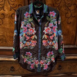 Johnny Was Black Blouse with Multicolored Floral Design